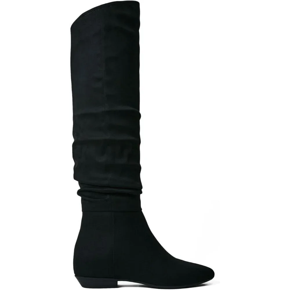 Women's Black Suede Thigh High Boots Faux Leather Chunky Heel Over The Knee Boot
